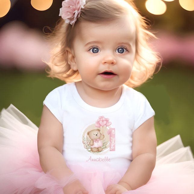 T-shirt Pour Bébé 1er Anniversaire Mignonne Ours Fille Rose Numéro U (1st Birthday Cute Bear Girl Pink Number One Name Baby T-Shirt)