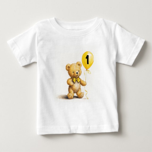T-shirt Pour Bébé 1er Anniversaire, Ours mignon avec ballons, Person (Devant)