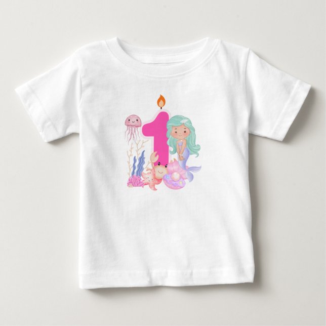 T-shirt Pour Bébé 1er Anniversaire Pastel Sirène & Créatures Marines (Devant)