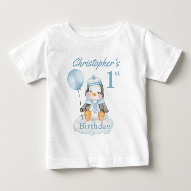 T-shirt Pour Bébé 1er Anniversaire Pingouin Bleu Personnaliser Baby  (Devant)