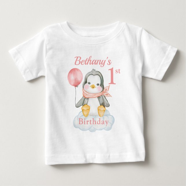 T-shirt Pour Bébé 1er Anniversaire Pingouin Rose Personnalisé (Devant)