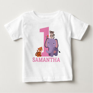 T-shirt Pour Bébé 1er anniversaire Pink Jungle Animaux Fille