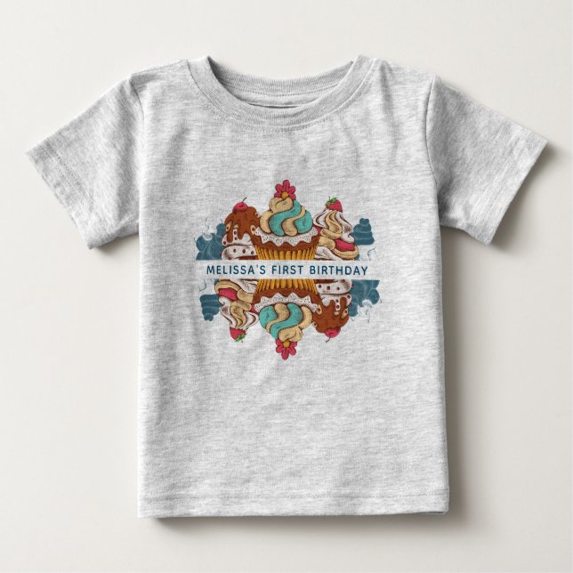 T-shirt Pour Bébé 1er Anniversaire Retro Style Cupcakes Sweet Desser (Devant)