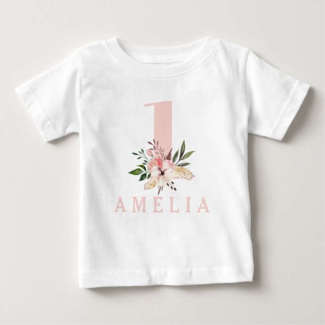 T-shirt Pour Bébé 1er anniversaire rose girly fleurie anniversaire (Devant)