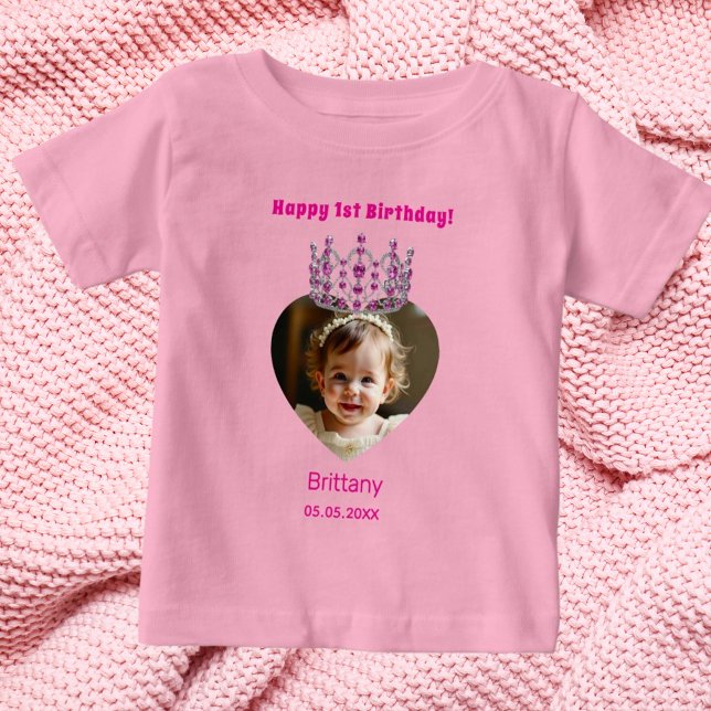 T-shirt Pour Bébé 1er anniversaire rose nom photo tiara bébé fille (Créateur téléchargé)