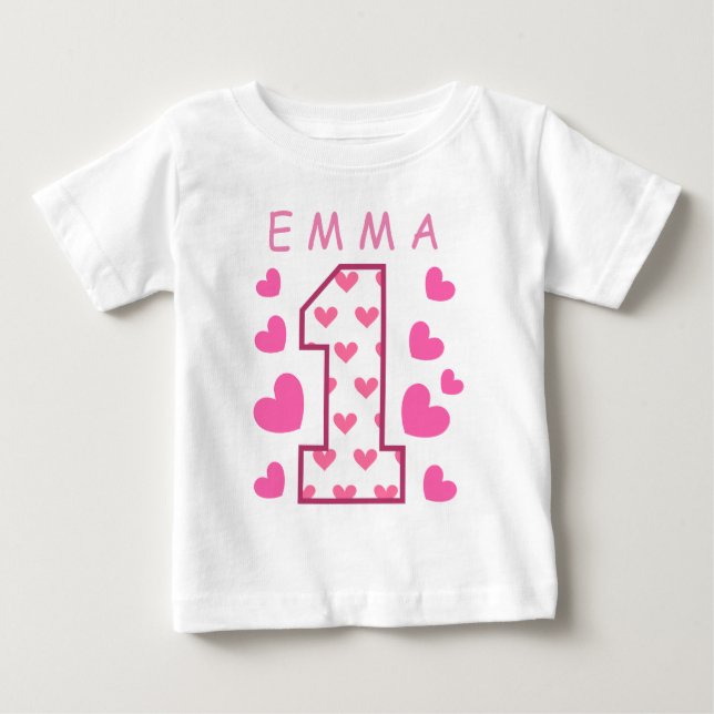 T-shirt Pour Bébé 1er Anniversaire Un avec Coeurs Nom personnalisé A (Devant)
