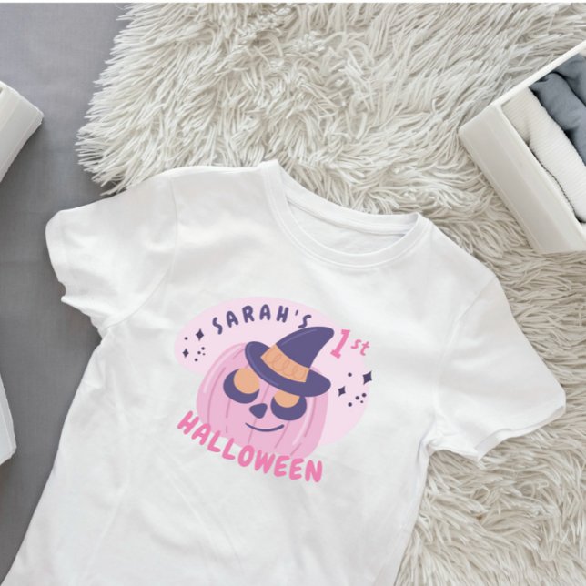 T-shirt Pour Bébé 1er Halloween mignon rose et violet Casquette Citr (first halloween, personalize name, pink pumpkin)