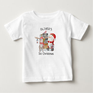 T-shirt Pour Bébé 1er Noël de bébé : Santa et rennes avec traîneau