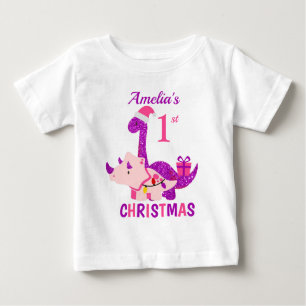 T-shirt Pour Bébé 1er Noël Dinosaur Parties scintillant violet