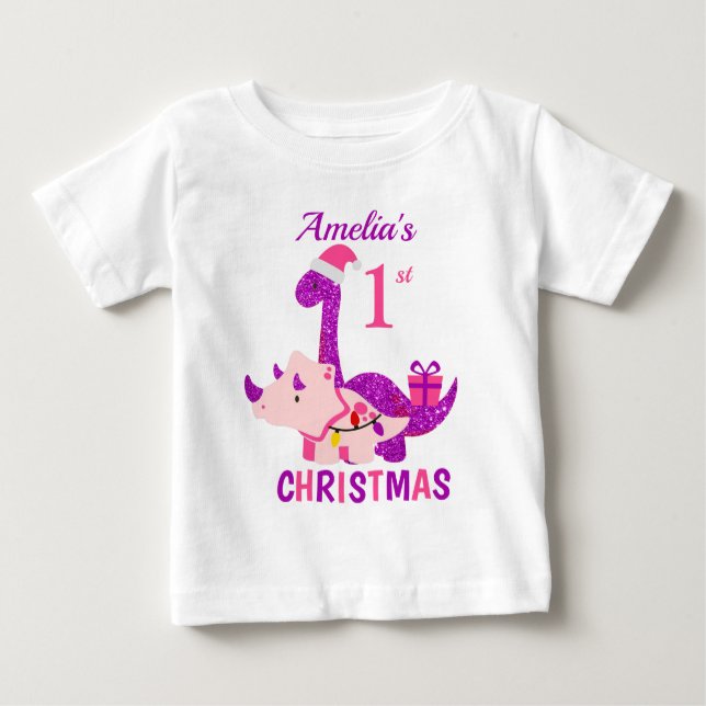 T-shirt Pour Bébé 1er Noël Dinosaur Parties scintillant violet (Devant)