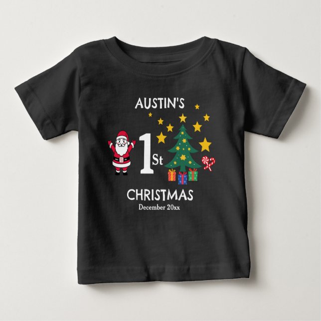 T-shirt Pour Bébé 1er Noël pour bébé mignon noir personnalisé (Devant)