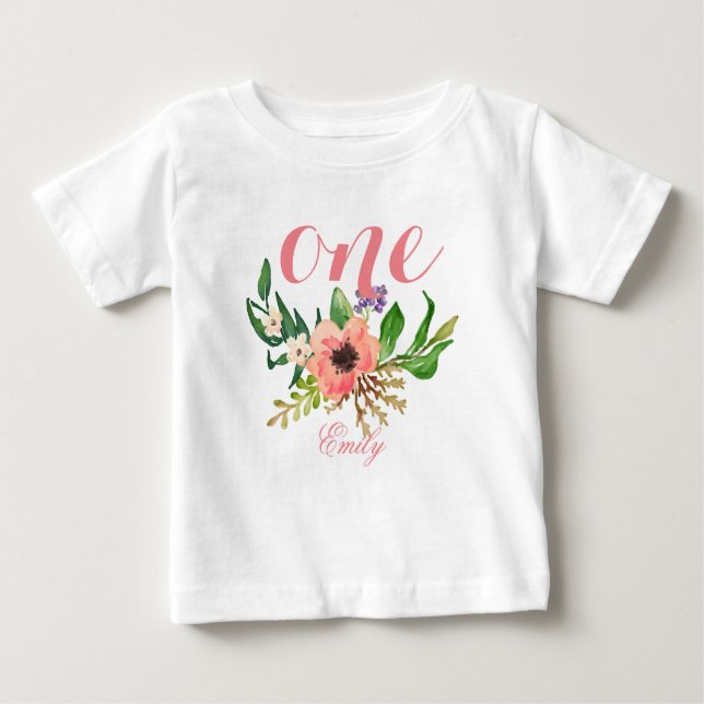 T-shirt Pour Bébé 1ère aquarelle d'anniversaire Floral Personnalisé- (Devant)