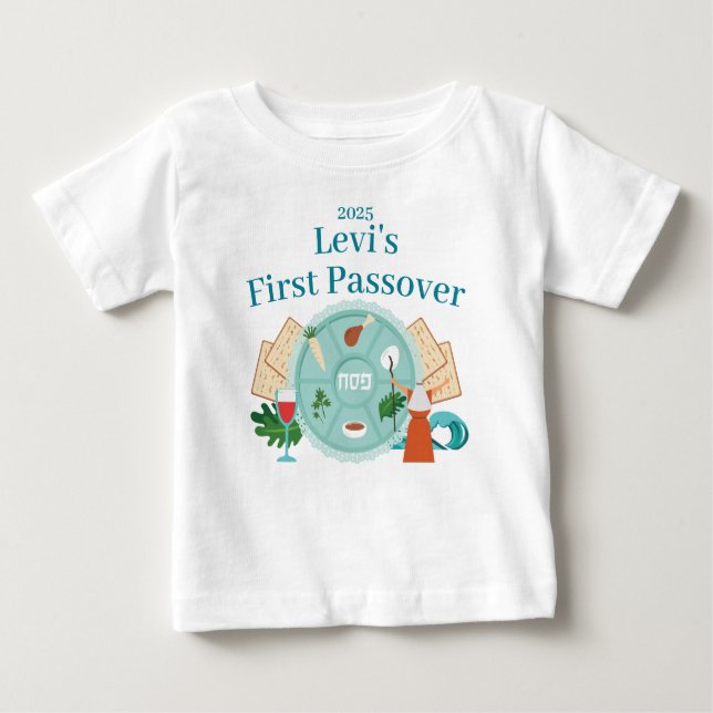 T-shirt Pour Bébé 1ère Pâque Bleu Personnalisé Nom du garçon Année (Devant)