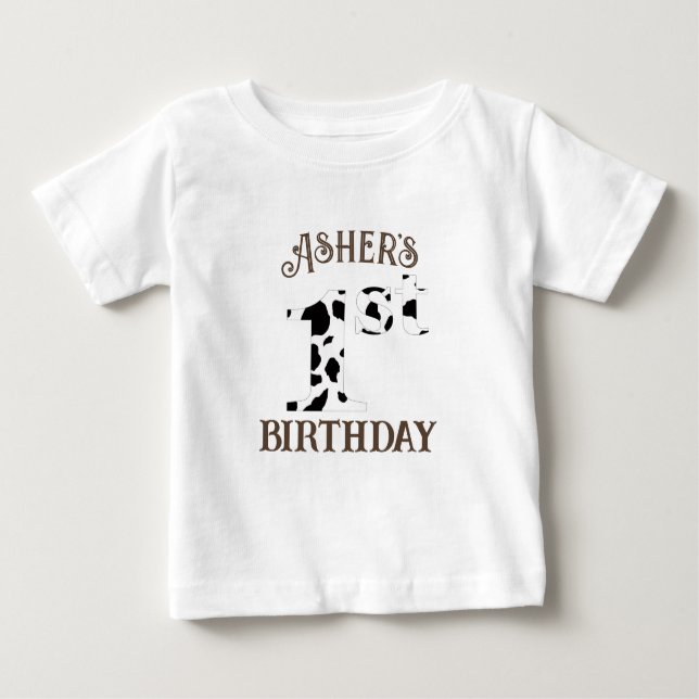 T-shirt Pour Bébé 1ère vache d'anniversaire Imprimer Texte Brown (Devant)
