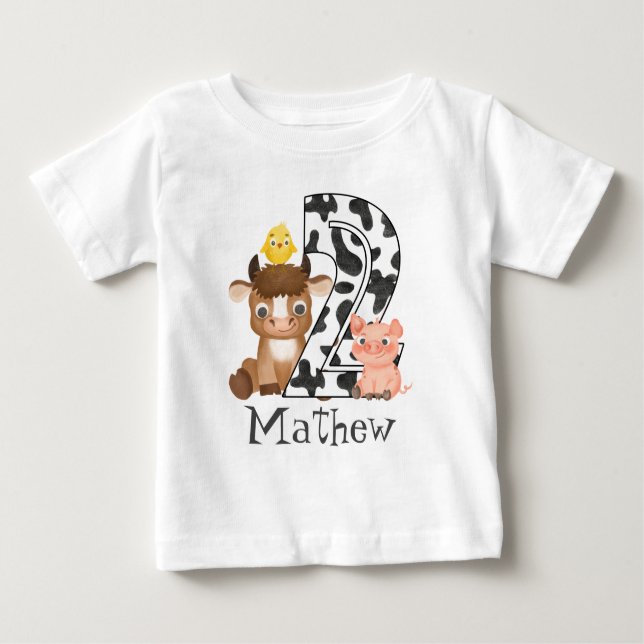 T-shirt Pour Bébé 2e anniversaire ferme barnyard animaux vache motif (Devant)
