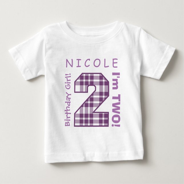 T-shirt Pour Bébé 2ème PLAID de POURPRE du nombre A42 d'anniversaire (Devant)