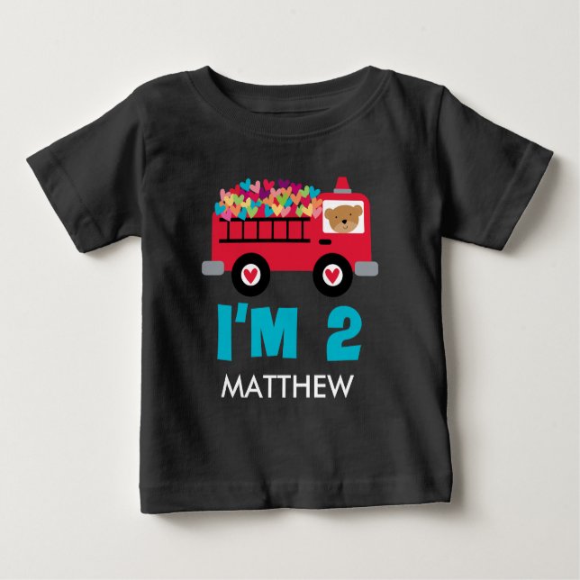 T-shirt Pour Bébé 2ème Pompier de Firetruck d'anniversaire chemise (Devant)