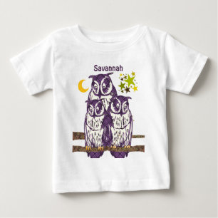 T-shirt Pour Bébé 3 Hiboux Violets Lune et Étoiles Personnalisés