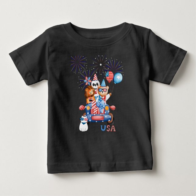T-shirt Pour Bébé 4 juillet Voiture Panda Ours & Lion (Devant)