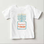 T-shirt Pour Bébé Ă?re Chanukah pièce en t personnalisée de Menorah<br><div class="desc">Cette première pièce en t mignonne de bébé de Chanukah comporte un candélabre coloré de menorah avec une série de carrés bleus carrelés. Le texte orange à l'intérieur de du graphique peut être partiellement personnalisé pour ajouter le nom de votre enfant.</div>