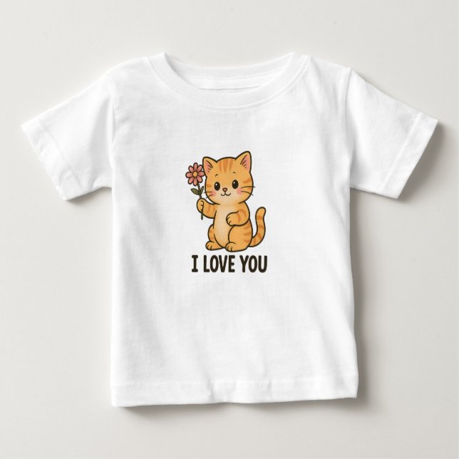 T-shirt Pour Bébé Adorable Kitten Holding Flower – I LOVE YOU Cute  (Devant)