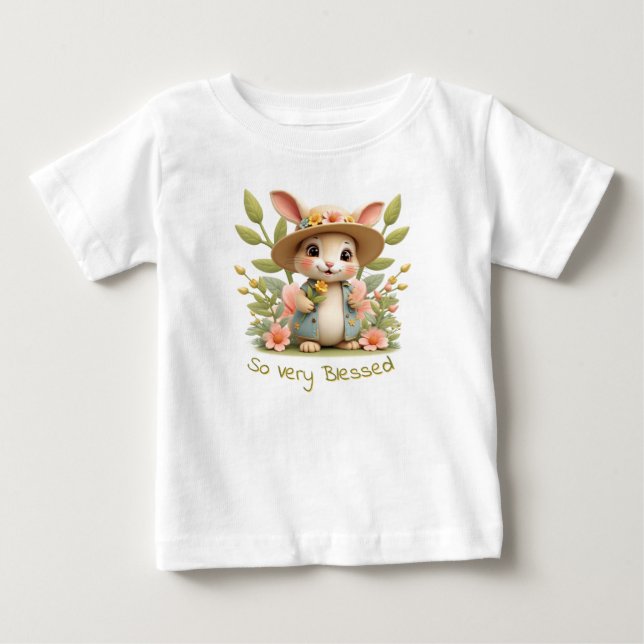 T-shirt Pour Bébé Adorable Petit Lapin Avec Fleurs (Devant)