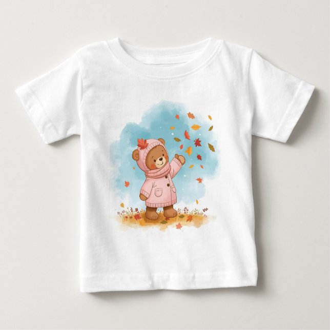 T-shirt Pour Bébé Adorable Teddy Bear Girl Catching Feuilles d'autom (Devant)