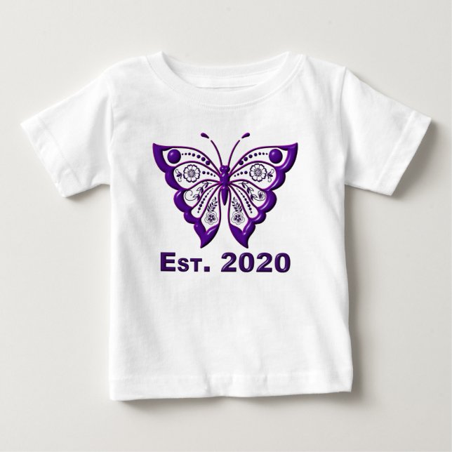 T-shirt Pour Bébé Adorablement Mignonne "Est. Papillon pourpre 2020" (Devant)