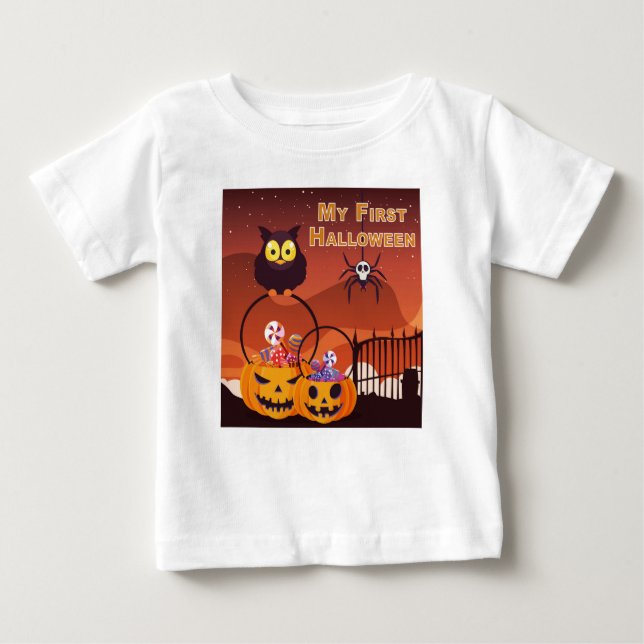 T-shirt Pour Bébé Adorablement Mignonne "Mon Premier Halloween" (Devant)