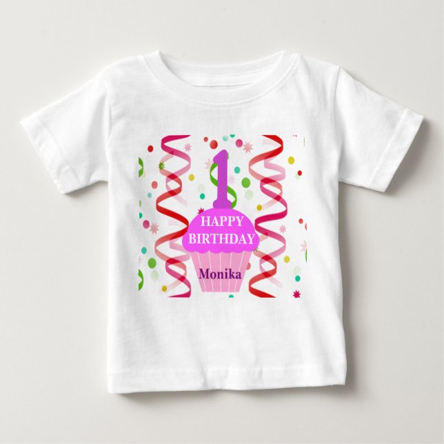T-shirt Pour Bébé Âge et nom customisés Joyeux Cupcake d'anniversair (Devant)