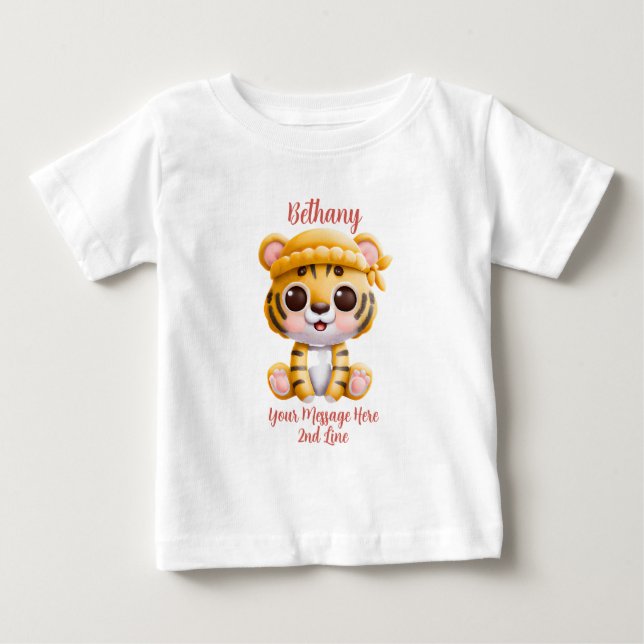 T-shirt Pour Bébé Ajouter un nom Texte, bébé tigre avec chapeau (Devant)