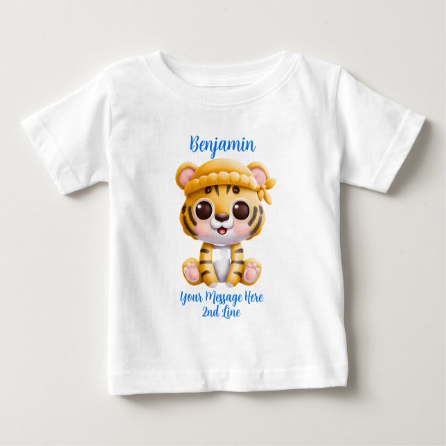 T-shirt Pour Bébé Ajouter un texte de nom, bébé tigre avec chapeau  (Devant)