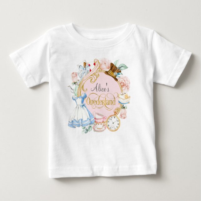 T-shirt Pour Bébé Alice à Onederland, Fille 1er anniversaire Bébé T- (Devant)