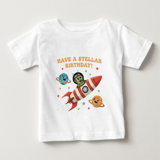 T-shirt Pour Bébé Alien Rétro Mignon dans une Fusée Spatiale | Bi St (Devant)