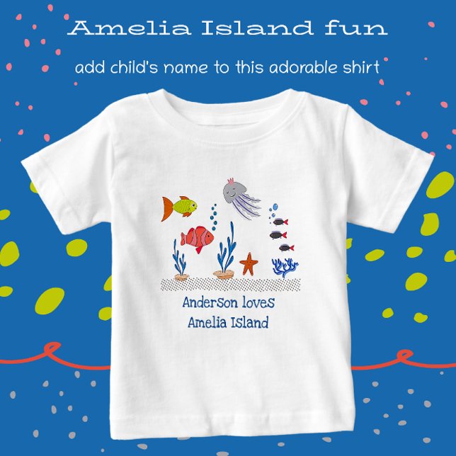 T-shirt Pour Bébé Amelia Island FL Amusant Poisson Océanique avec le (Cute Vacation Souvenir with name.)
