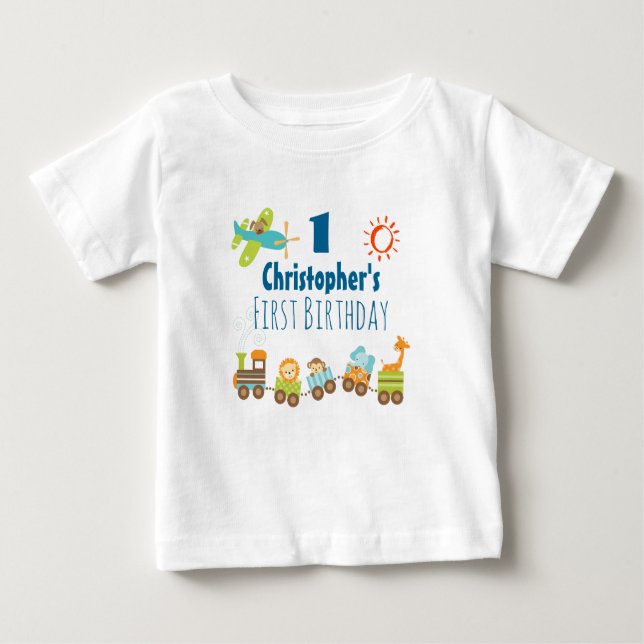 T-shirt Pour Bébé Animal Toy Train et avion premier anniversaire (Devant)