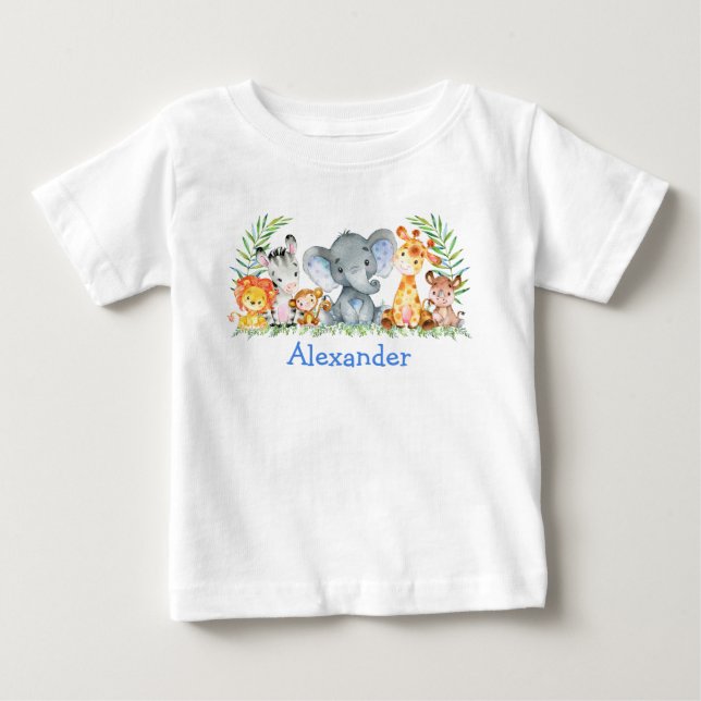 T-shirt Pour Bébé Animaux Bébés Safari Aquarelle Éléphant Bleu (Devant)