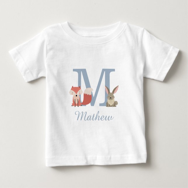 T-shirt Pour Bébé Animaux de la forêt Bleu Bébé Garçon Monogramme In (Devant)