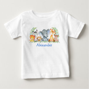 T-shirt Pour Bébé Animaux de Safari à l'aquarelle Éléphant Bleu Bébé