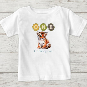 T-shirt Pour Bébé Anniversaire 1 an du Tigre un avec nom bleu