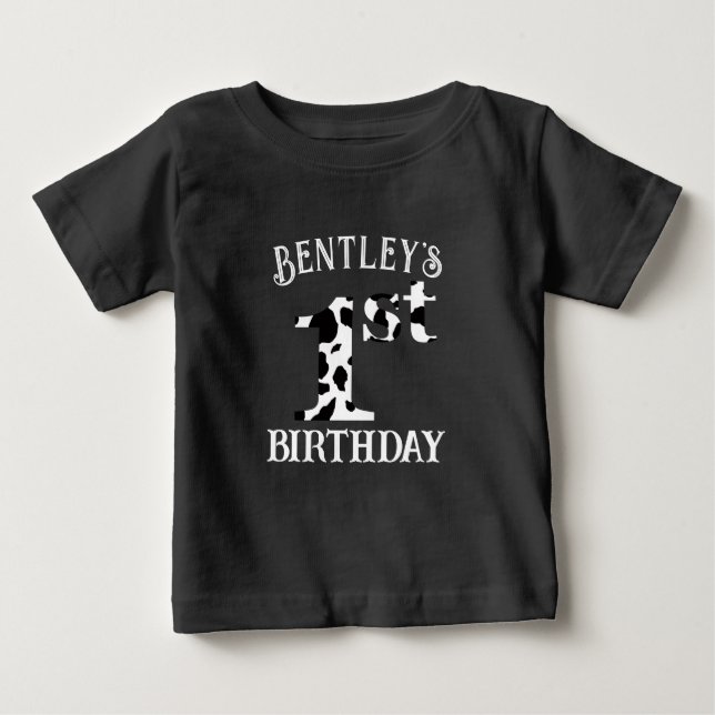 T-shirt Pour Bébé Anniversaire 1 an Impression Vache Texte Blanc (Devant)