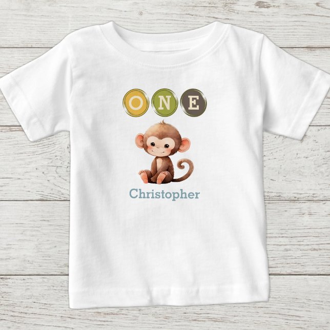 T-shirt Pour Bébé Anniversaire 1ère année singe avec nom bleu (Créateur téléchargé)
