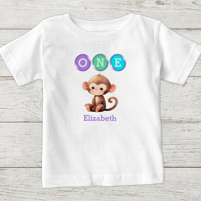 T-shirt Pour Bébé Anniversaire 1ère année singe avec nom violet (Créateur téléchargé)