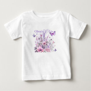 T-shirt Pour Bébé Anniversaire 1ère Fille Papillons Lilas Aquarelle 