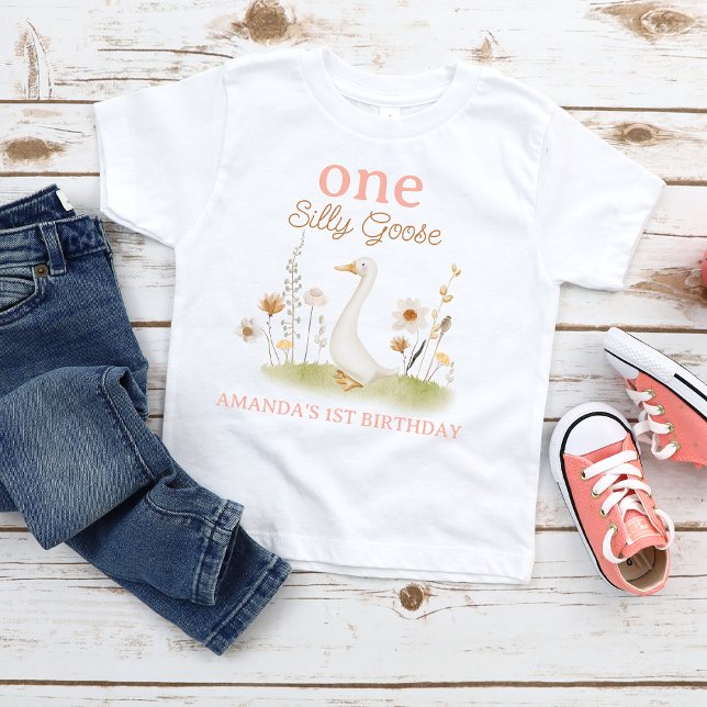 T-shirt Pour Bébé Anniversaire de 1 an Rustique Beige Floral Une Oie (One Silly Goose 1st Birthday T-shirt Girl, Personalized Girls First Birthday T-shirt Silly Goose,)