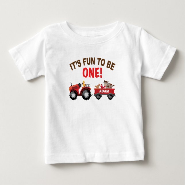 T-shirt Pour Bébé Anniversaire de la ferme avec grange, tracteur et  (Devant)