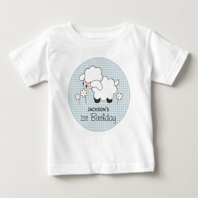 T-shirt Pour Bébé Anniversaire de l'agneau En vichy bleu personnalis (Devant)