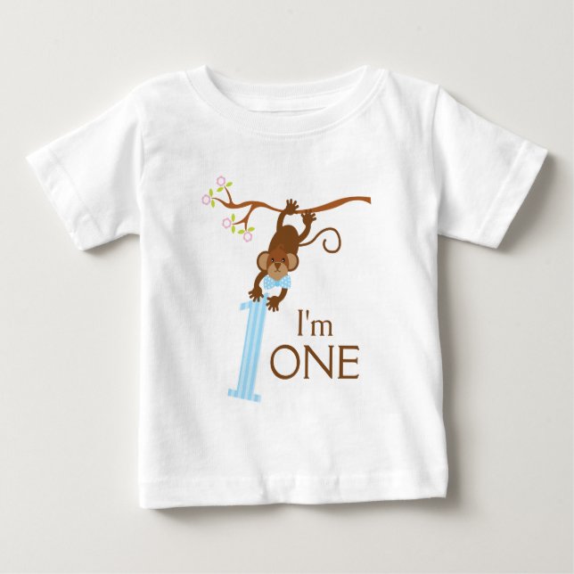 T-shirt Pour Bébé Anniversaire effronté de rayures bleues de singe (Devant)