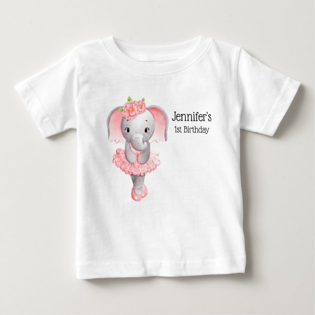 T-shirt Pour Bébé Anniversaire éléphanteau rose et gris Ballerine Mi (Devant)
