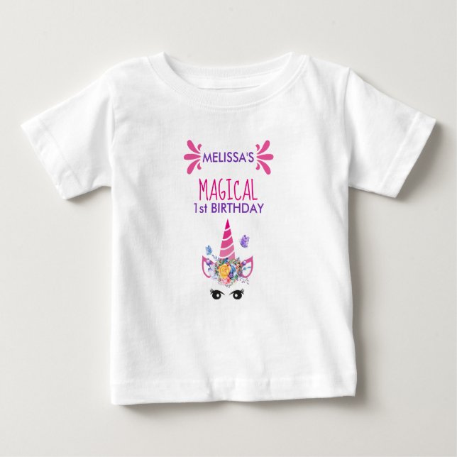 T-shirt Pour Bébé Anniversaire Magique Cute Rose Unicorn (Devant)